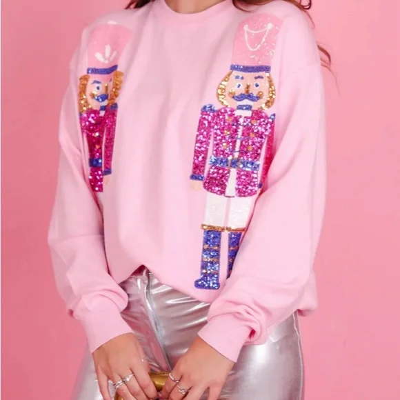 Adorable! Nutcracker pastel pink sequin Christmas sweater crew neck pullover 🎄 - Picture 6 of 8